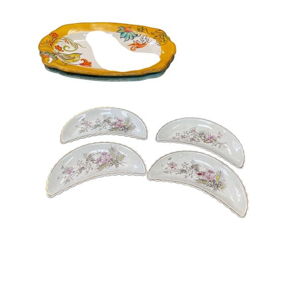 Antique Bone China Crescent Side Dishes Set Of 4 Floral Transferware SKU 9147 - Picture 1 of 11